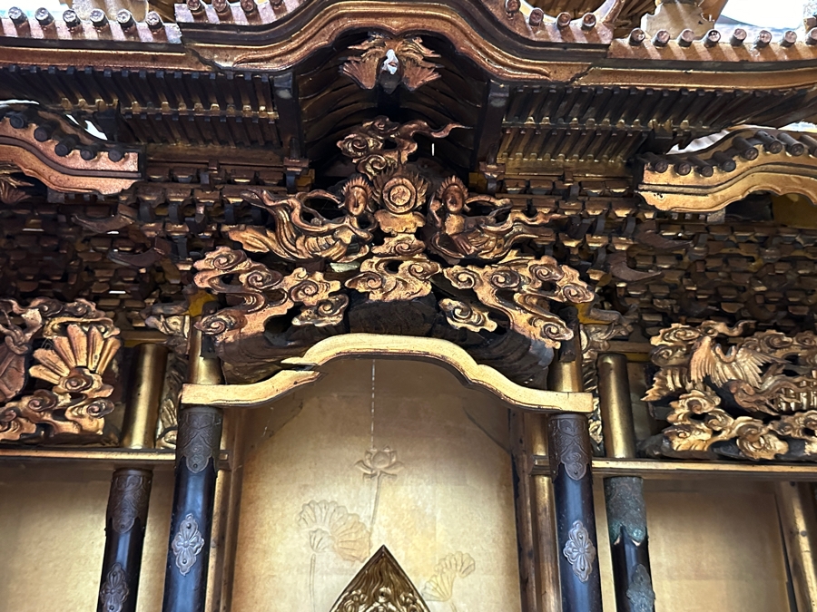 Antique Japanese Wooden Buddhist Altar Butsudan Complete With Gilt Wooden Buddha, Bells and Stands - See Photos For Details 25'W X 20'D X 52'H [Photo 21]