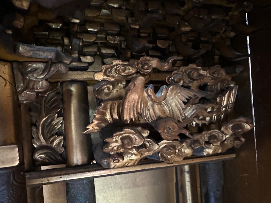 Antique Japanese Wooden Buddhist Altar Butsudan Complete With Gilt Wooden Buddha, Bells and Stands - See Photos For Details 25'W X 20'D X 52'H [Photo 11]