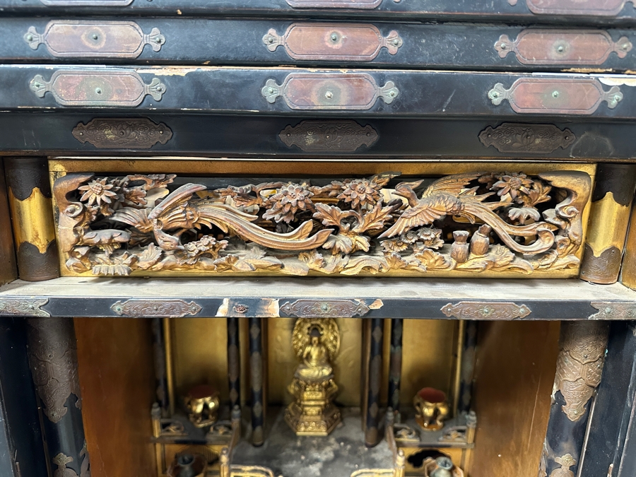 Antique Japanese Wooden Buddhist Altar Butsudan Complete With Gilt Wooden Buddha, Bells and Stands - See Photos For Details 25'W X 20'D X 52'H [Photo 4]