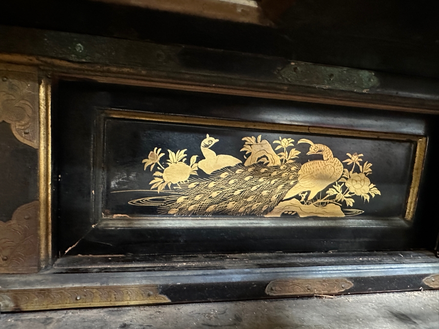 Antique Japanese Wooden Buddhist Altar Butsudan Complete With Gilt Wooden Buddha, Bells and Stands - See Photos For Details 25'W X 20'D X 52'H [Photo 17]