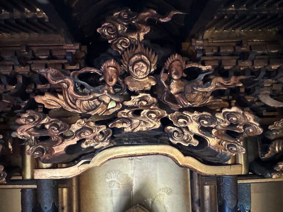 Antique Japanese Wooden Buddhist Altar Butsudan Complete With Gilt Wooden Buddha, Bells and Stands - See Photos For Details 25'W X 20'D X 52'H [Photo 8]