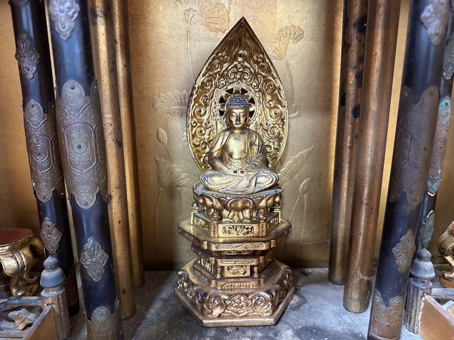 Antique Japanese Wooden Buddhist Altar Butsudan Complete With Gilt Wooden Buddha, Bells and Stands - See Photos For Details 25'W X 20'D X 52'H [Photo 5]