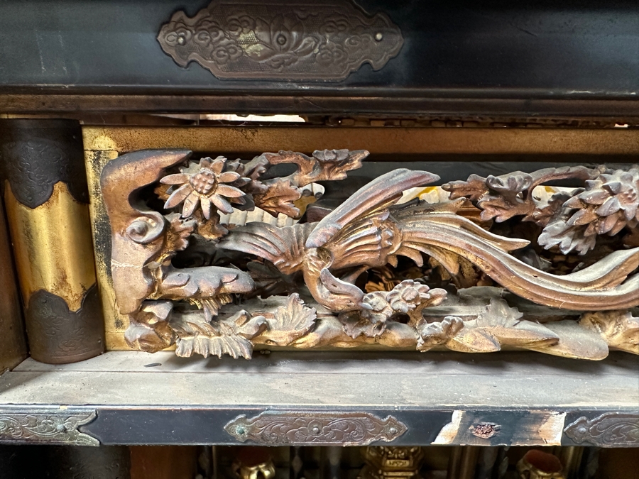 Antique Japanese Wooden Buddhist Altar Butsudan Complete With Gilt Wooden Buddha, Bells and Stands - See Photos For Details 25'W X 20'D X 52'H [Photo 7]