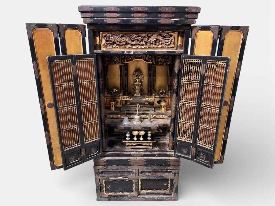 Antique Japanese Wooden Buddhist Altar Butsudan Complete With Gilt Wooden Buddha, Bells and Stands - See Photos For Details 25'W X 20'D X 52'H