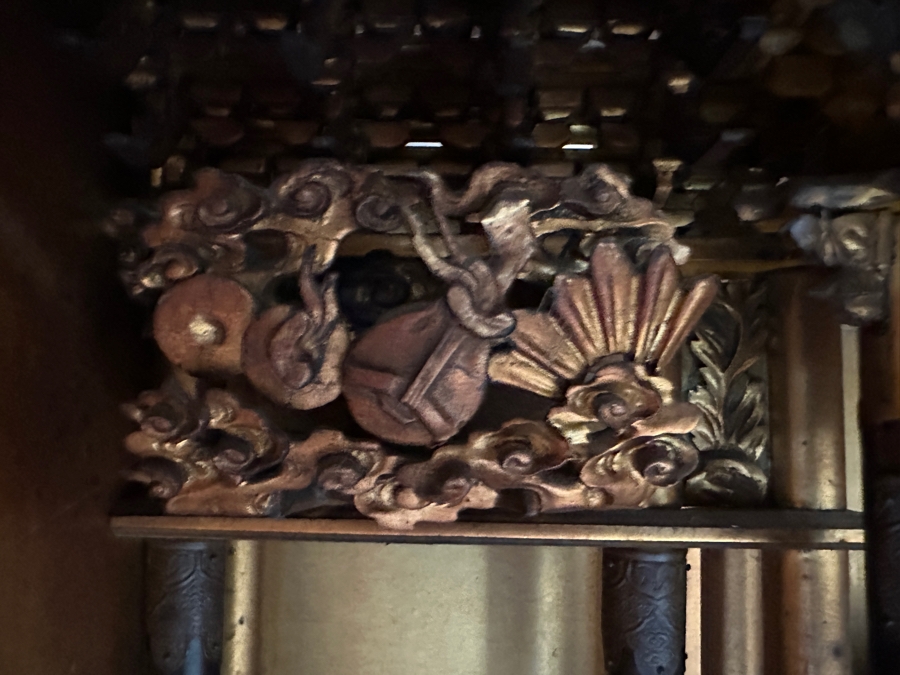 Antique Japanese Wooden Buddhist Altar Butsudan Complete With Gilt Wooden Buddha, Bells and Stands - See Photos For Details 25'W X 20'D X 52'H [Photo 10]