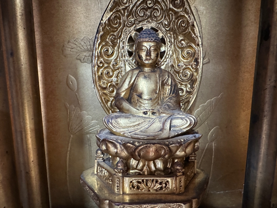 Antique Japanese Wooden Buddhist Altar Butsudan Complete With Gilt Wooden Buddha, Bells and Stands - See Photos For Details 25'W X 20'D X 52'H [Photo 12]