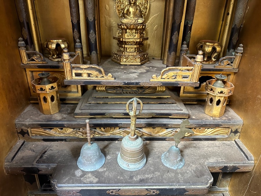 Antique Japanese Wooden Buddhist Altar Butsudan Complete With Gilt Wooden Buddha, Bells and Stands - See Photos For Details 25'W X 20'D X 52'H [Photo 13]