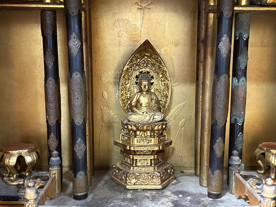 Antique Japanese Wooden Buddhist Altar Butsudan Complete With Gilt Wooden Buddha, Bells and Stands - See Photos For Details 25'W X 20'D X 52'H [Photo 19]