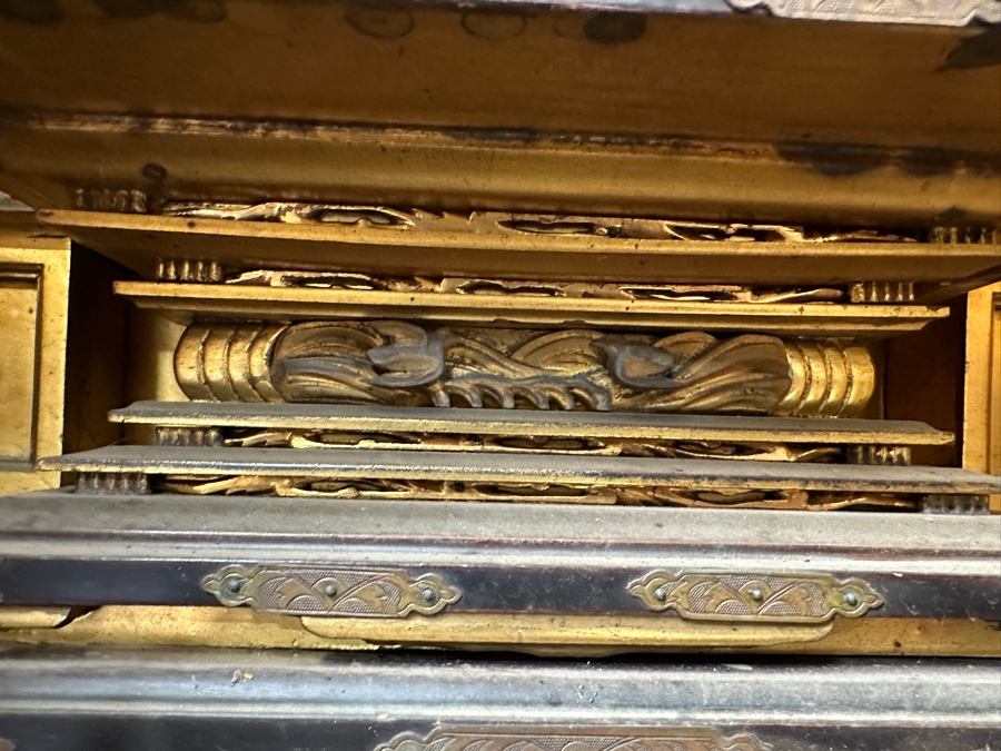 Antique Japanese Wooden Buddhist Altar Butsudan Complete With Gilt Wooden Buddha, Bells and Stands - See Photos For Details 25'W X 20'D X 52'H [Photo 18]