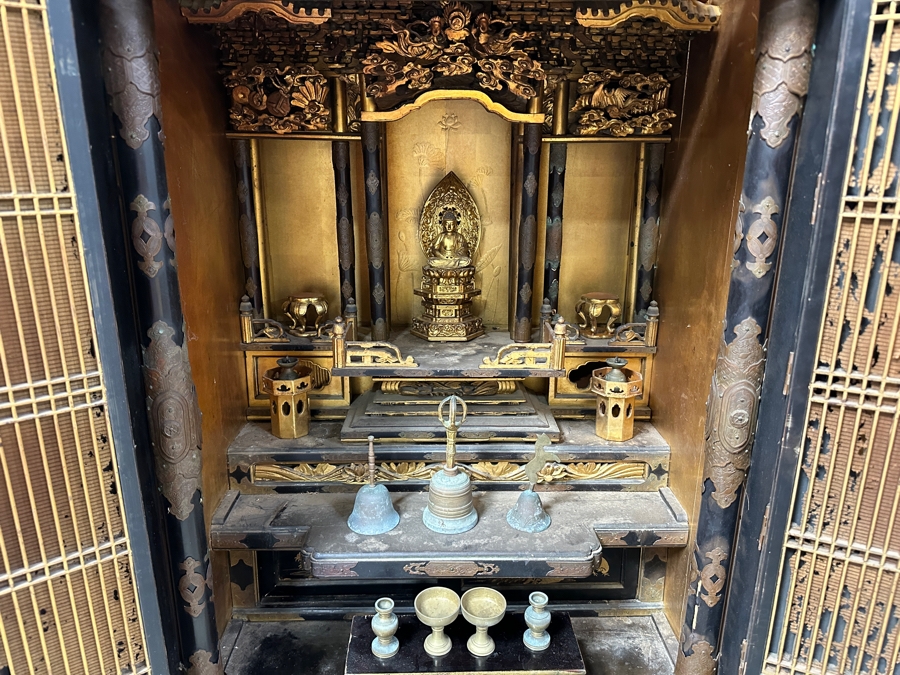 Antique Japanese Wooden Buddhist Altar Butsudan Complete With Gilt Wooden Buddha, Bells and Stands - See Photos For Details 25'W X 20'D X 52'H [Photo 3]