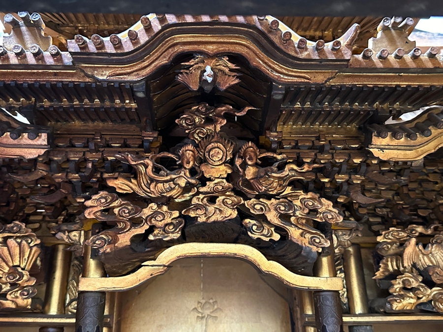 Antique Japanese Wooden Buddhist Altar Butsudan Complete With Gilt Wooden Buddha, Bells and Stands - See Photos For Details 25'W X 20'D X 52'H [Photo 22]