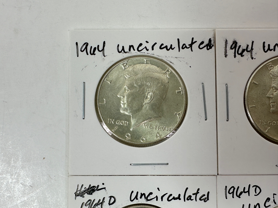 Just Added - (4) 1964 Uncirculated Silver Kennedy Half Dollars - (2) 1964 & (2) 1964-D - Ready For Grading [Photo 2]