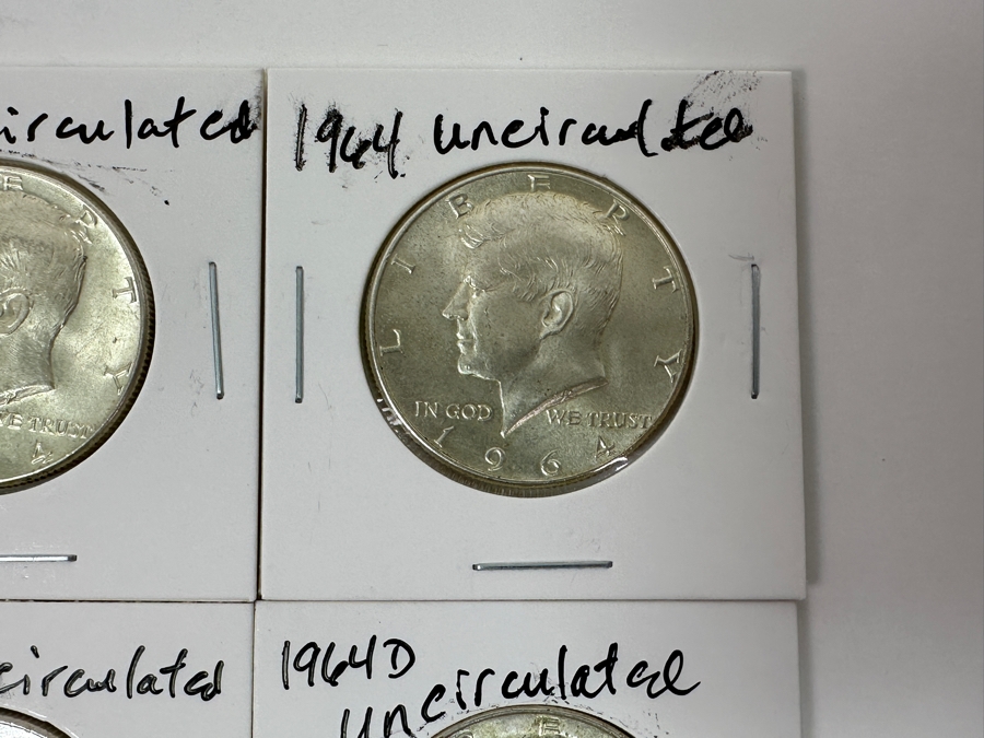 Just Added - (4) 1964 Uncirculated Silver Kennedy Half Dollars - (2) 1964 & (2) 1964-D - Ready For Grading [Photo 3]
