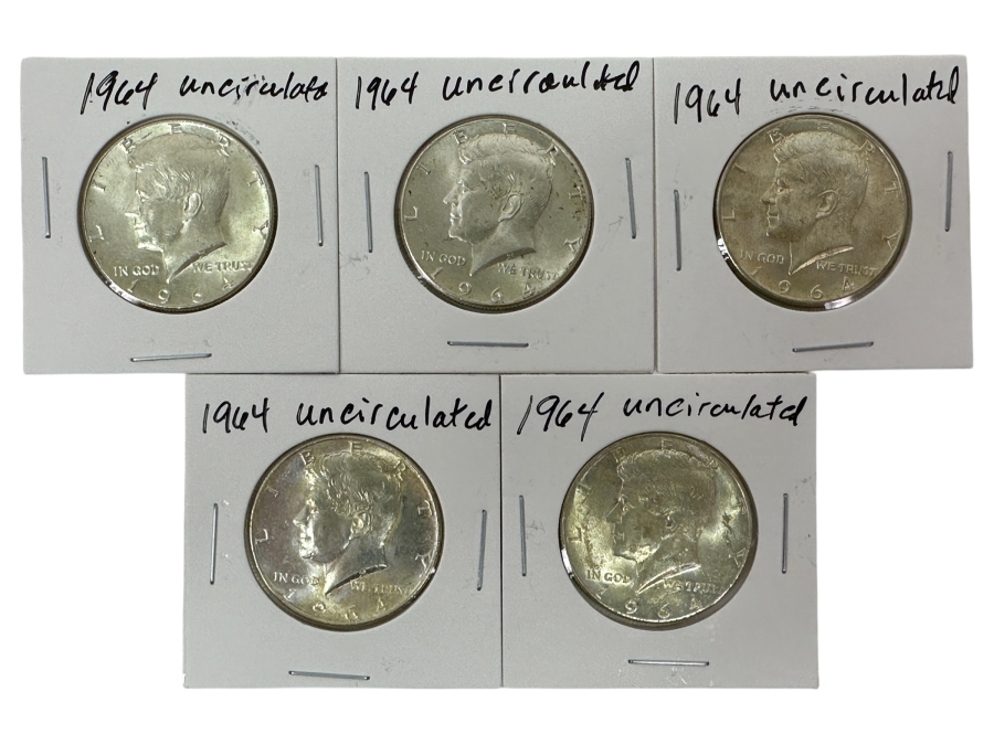 Just Added - (5) 1964 Uncirculated Silver Kennedy Half Dollars - Ready For Grading