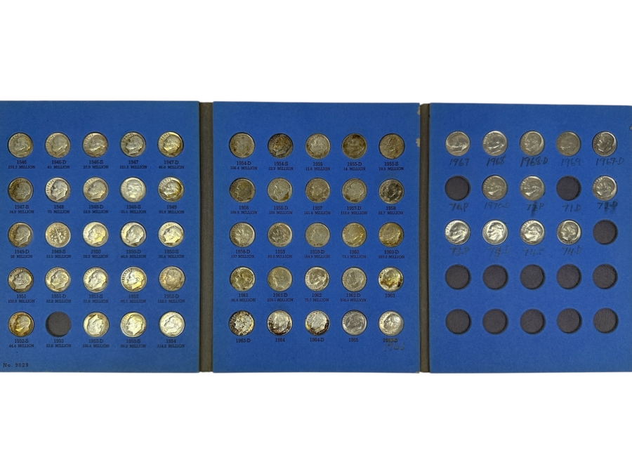 Just Added - Collection Of (47) Silver Roosevelt Dimes From 1946-1964 And (14) Clad Roosevelt Dimes In Whitman Coin Folder - (61) Total Roosevelt Dimes