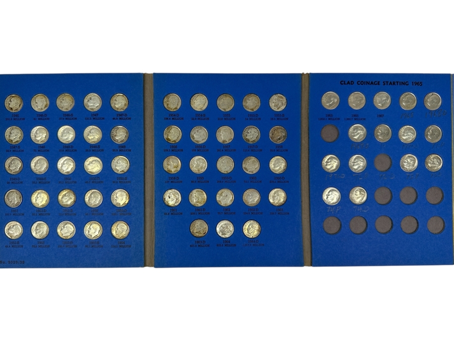 Just Added - Collection Of (48) Silver Roosevelt Dimes From 1946-1964 And (15) Clad Roosevelt Dimes In Whitman Coin Folder - (63) Total Roosevelt Dimes