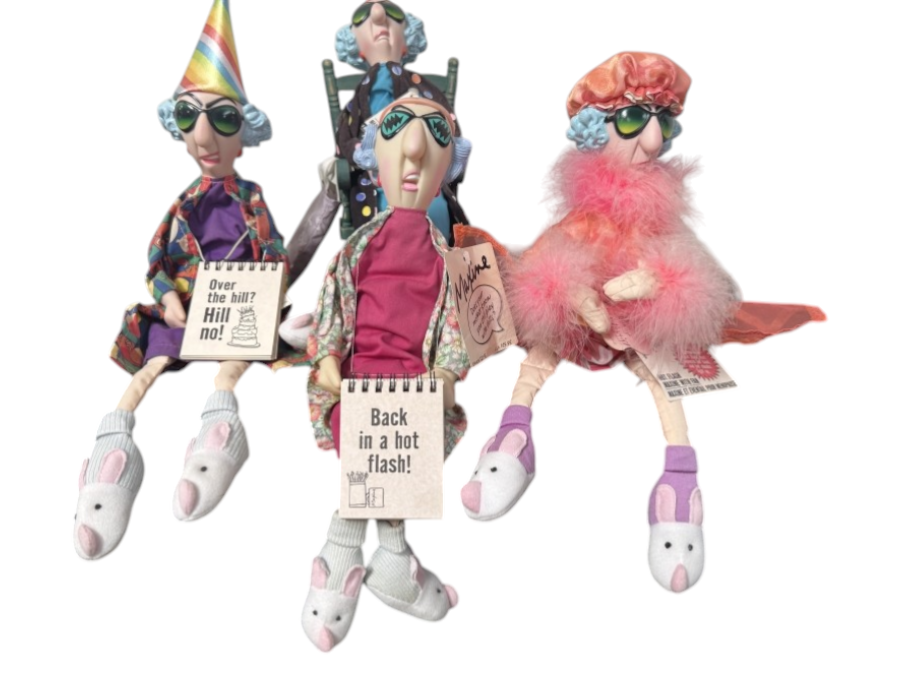 Just Added - Set of Four Hallmark Maxine Plush Shelf Sitter Dolls with Sunglasses and Bunny Slippers, One In Rocking Chair 14' - 16'H