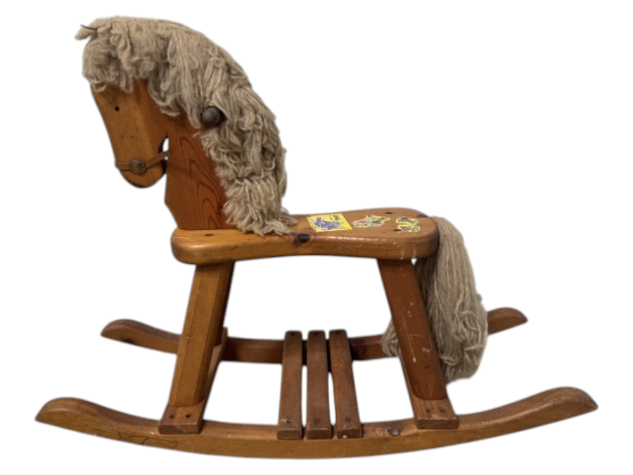 Just Added - Vintage Wooden Rocking Horse With Yarn Mane And Tail 35'W x 12'D x 27'H