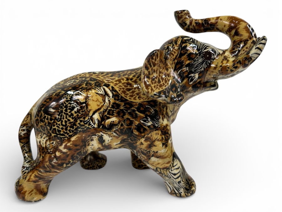 Just Added - Vintage La Vie Safari Patchwork Ceramic Elephant Figurine 14'W X 11'H