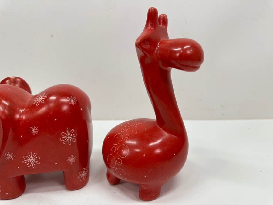 Just Added - Hand Carved African Red Soapstone Elephant And Giraffe Animal Figurines 5'H & 7'H [Photo 2]