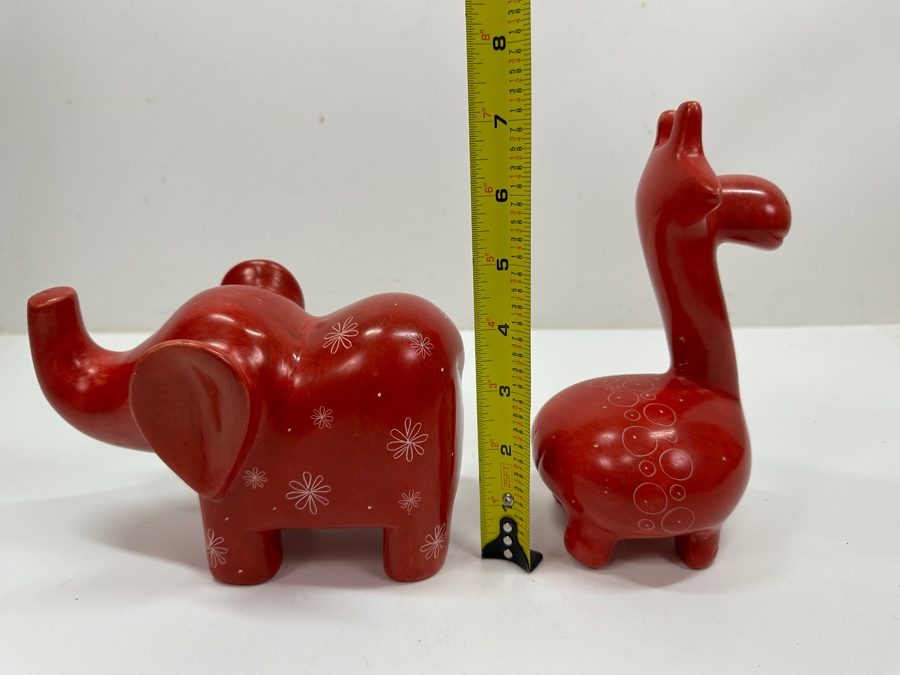 Just Added - Hand Carved African Red Soapstone Elephant And Giraffe Animal Figurines 5'H & 7'H [Photo 6]