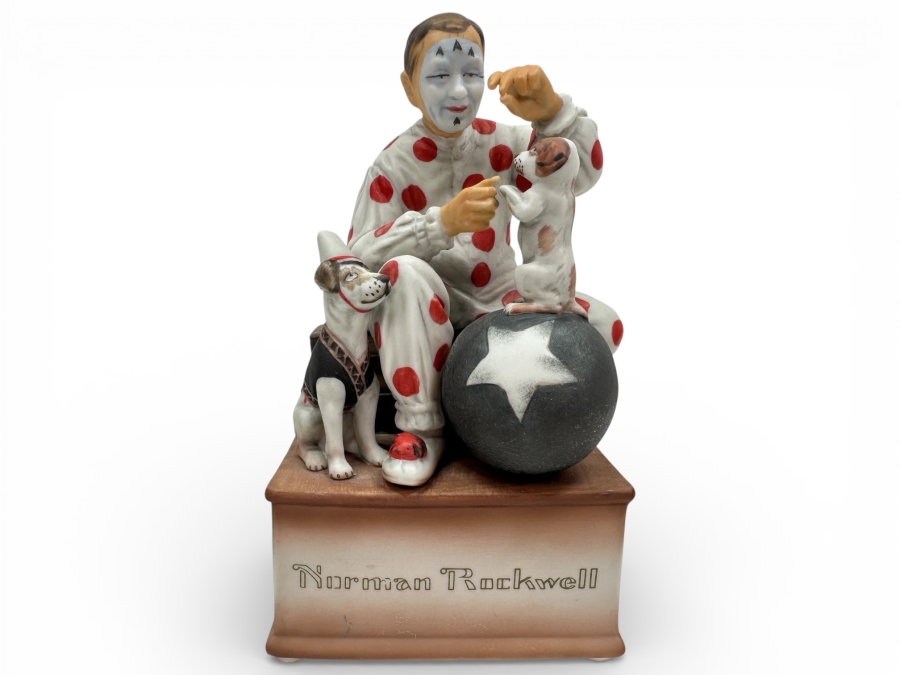 Just Added - Vintage 1979 Schmid Norman Rockwell Porcelain Musical Figurine Titled 'Send The Clowns' 7'H