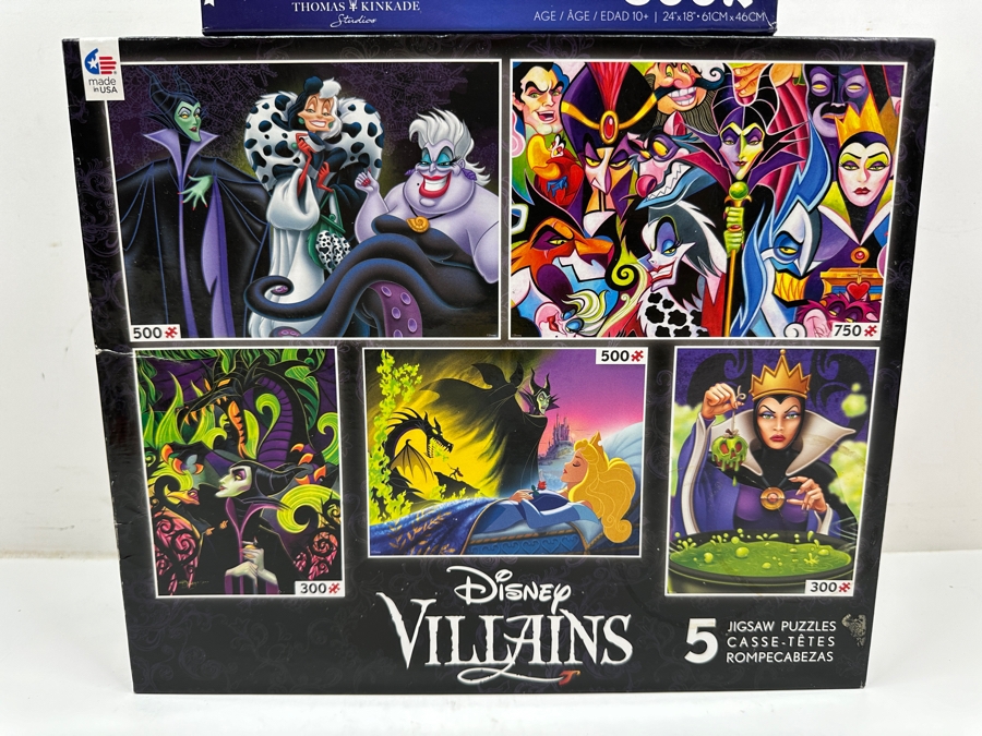 Just Added - (2) Factory Sealed Disney Puzzles: Disney Villains Featuring 5 Jigsaw Puzzles And Thomas Kinkade Disney Puzzle
 [Photo 2]