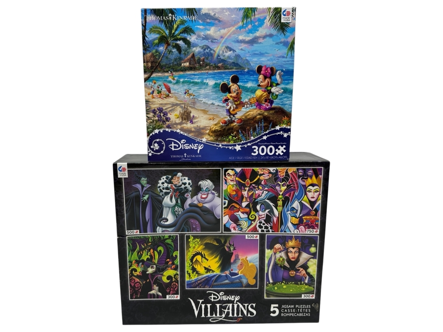 Just Added - (2) Factory Sealed Disney Puzzles: Disney Villains Featuring 5 Jigsaw Puzzles And Thomas Kinkade Disney Puzzle
