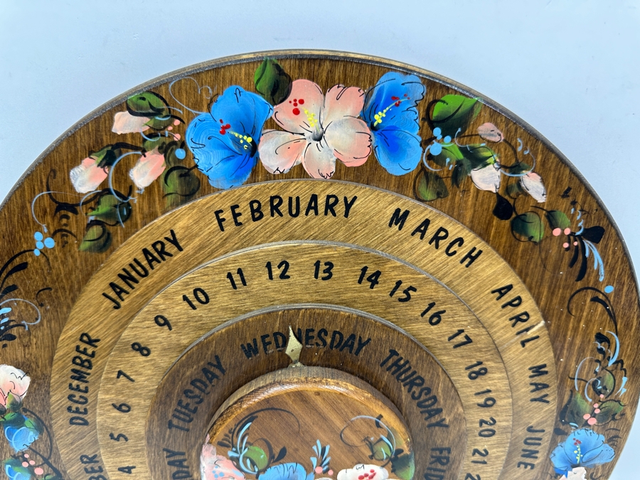 Just Added - Vintage 1990 Handmade Hand Painted Wooden Swivel Perpetual Wall Calendar By Patricia Leddon 14'W
 [Photo 3]
