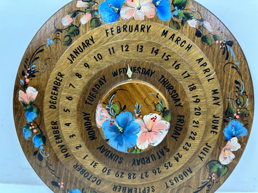 Just Added - Vintage 1990 Handmade Hand Painted Wooden Swivel Perpetual Wall Calendar By Patricia Leddon 14'W
 [Photo 2]