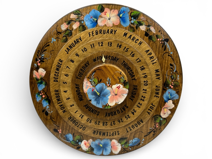 Just Added - Vintage 1990 Handmade Hand Painted Wooden Swivel Perpetual Wall Calendar By Patricia Leddon 14'W

