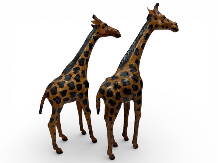 Just Added - (2) Vintage Leather Wrapped Giraffe Figurines 18'H