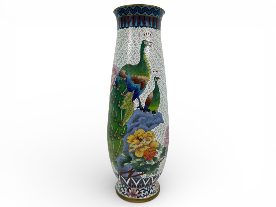 Just Added - Large Vintage Chinese Cloisonne Peacock Vase 15.25'H