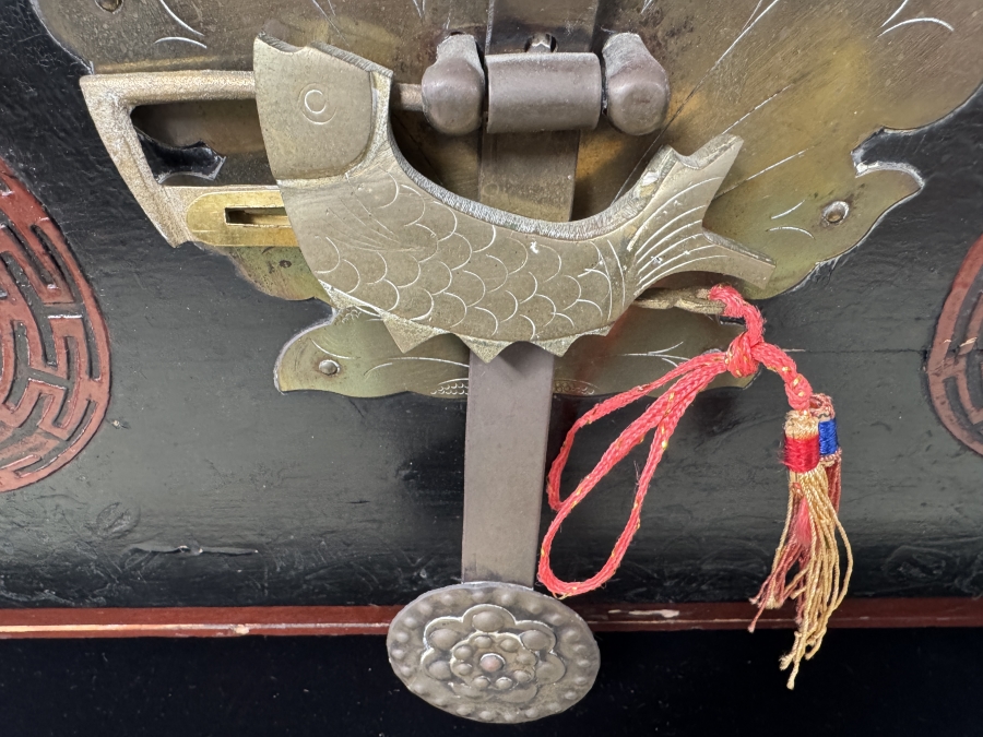 Vintage Chinese Black Lacquer Chest with Brass Fish Hardware and Calligraphy Interior 23'W x 11.5'D x 11.5'H [Photo 3]