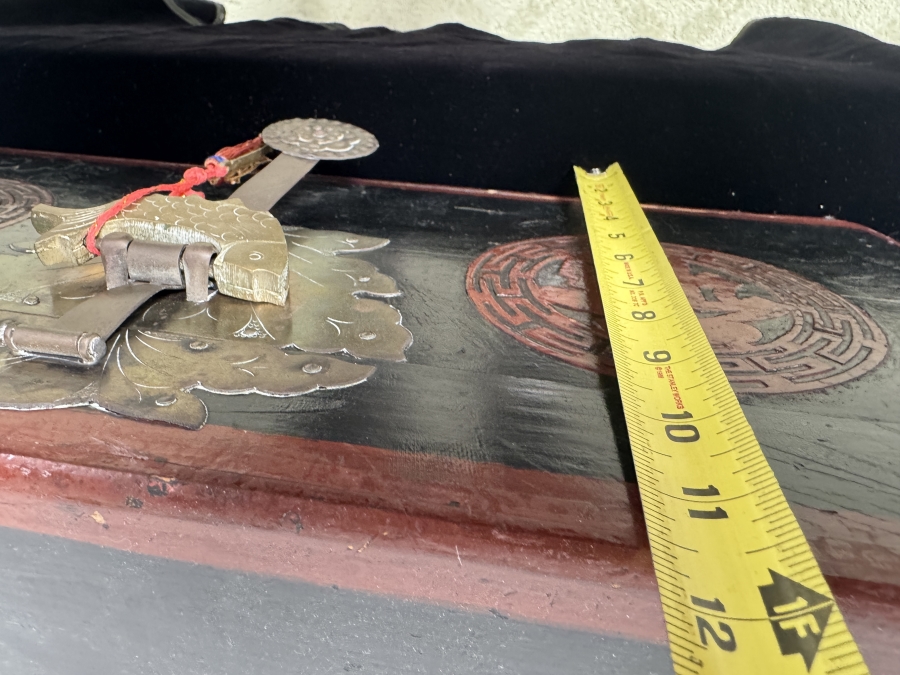 Vintage Chinese Black Lacquer Chest with Brass Fish Hardware and Calligraphy Interior 23'W x 11.5'D x 11.5'H [Photo 8]
