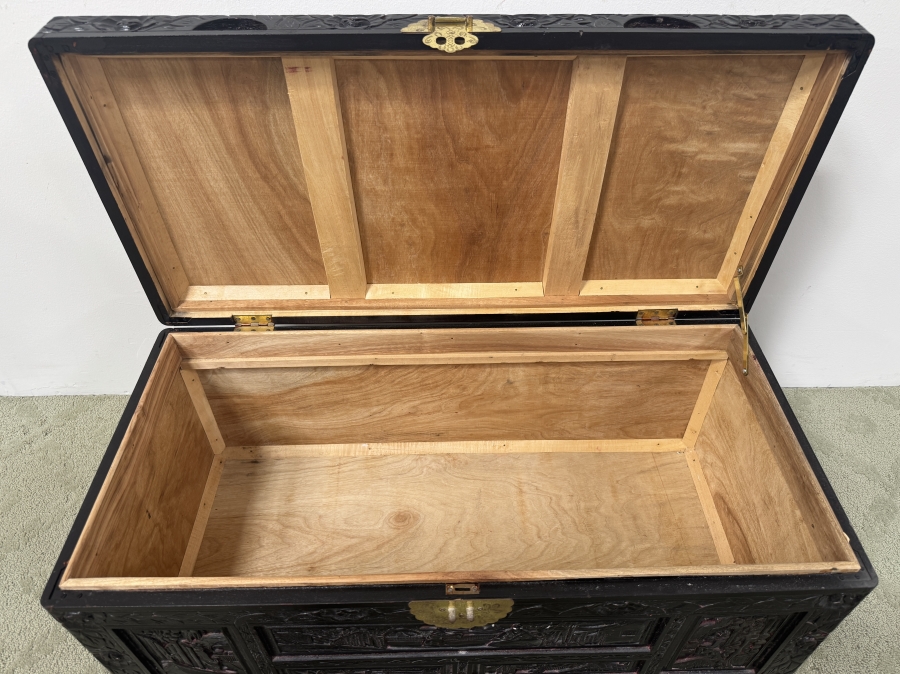 Just Added - Vintage Chinese Camphor Wood Chest with Carved Landscape Scenes and Stepped Feet 35'W x 16'D x 17.5'H [Photo 4]