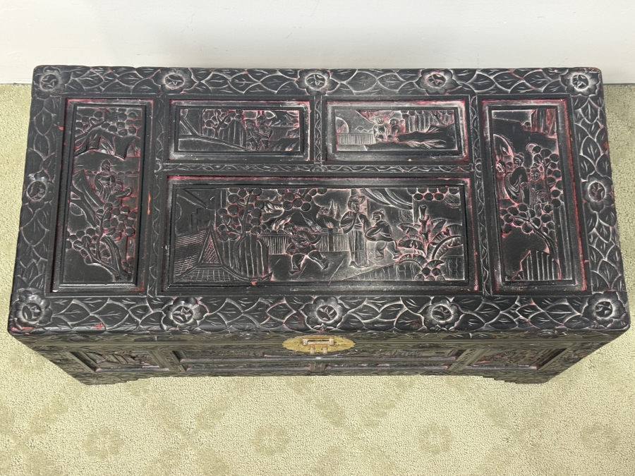 Just Added - Vintage Chinese Camphor Wood Chest with Carved Landscape Scenes and Stepped Feet 35'W x 16'D x 17.5'H [Photo 3]
