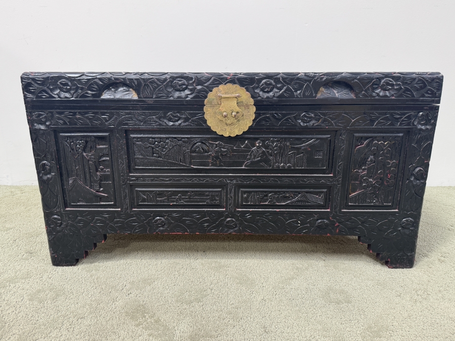Just Added - Vintage Chinese Camphor Wood Chest with Carved Landscape Scenes and Stepped Feet 35'W x 16'D x 17.5'H [Photo 2]