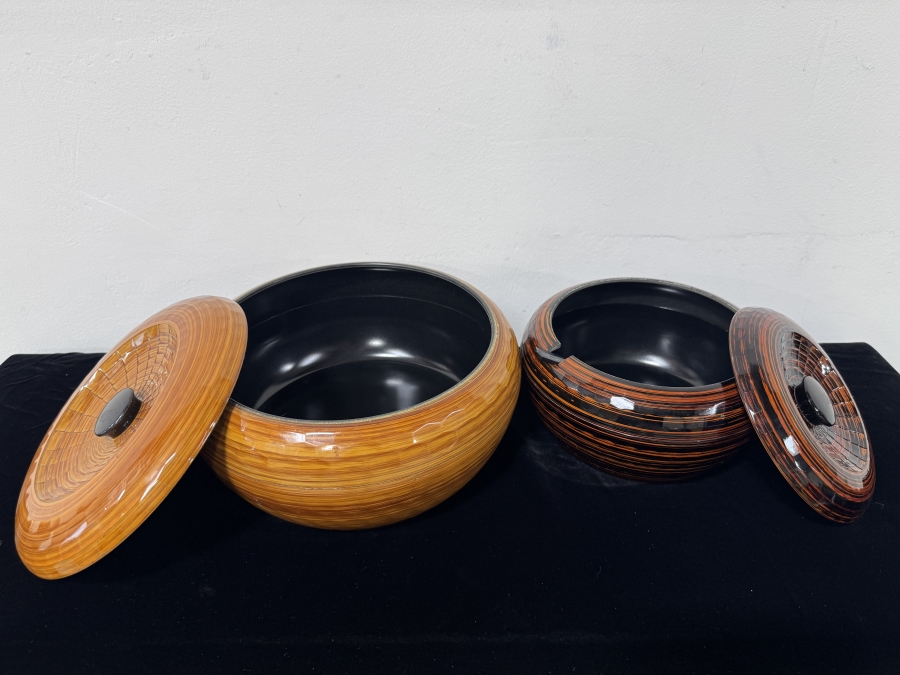 Vintage Japanese Lacquerware Serving Bowls with Faux Bamboo Texture and Ladle Notch 10'W  and 8'W [Photo 4]