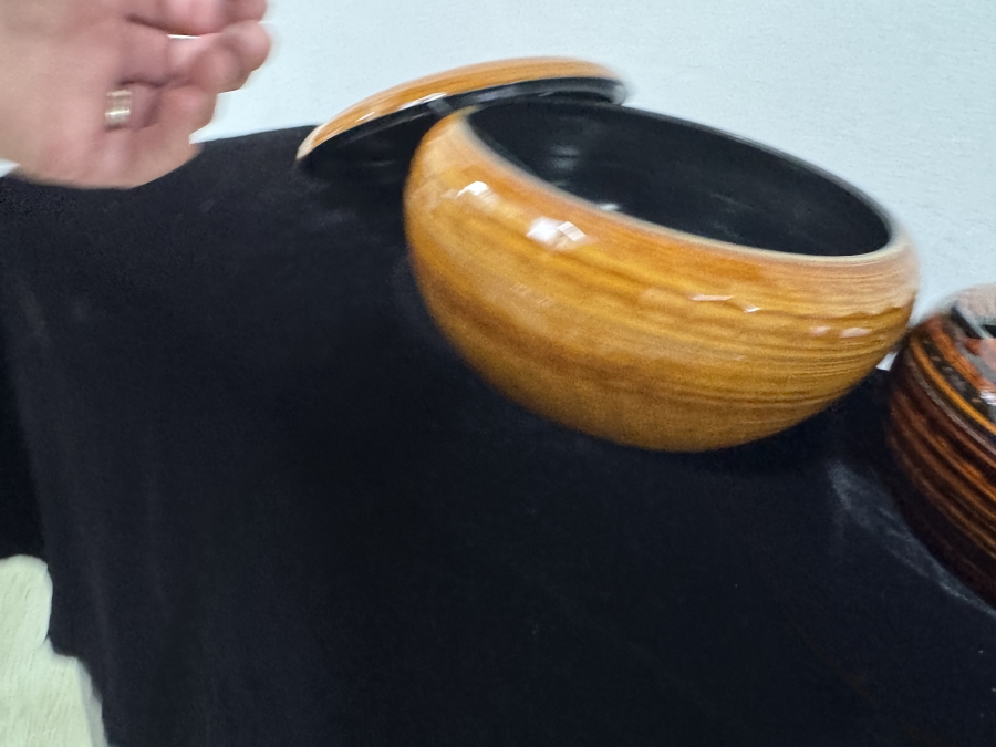 Vintage Japanese Lacquerware Serving Bowls with Faux Bamboo Texture and Ladle Notch 10'W  and 8'W [Photo 3]