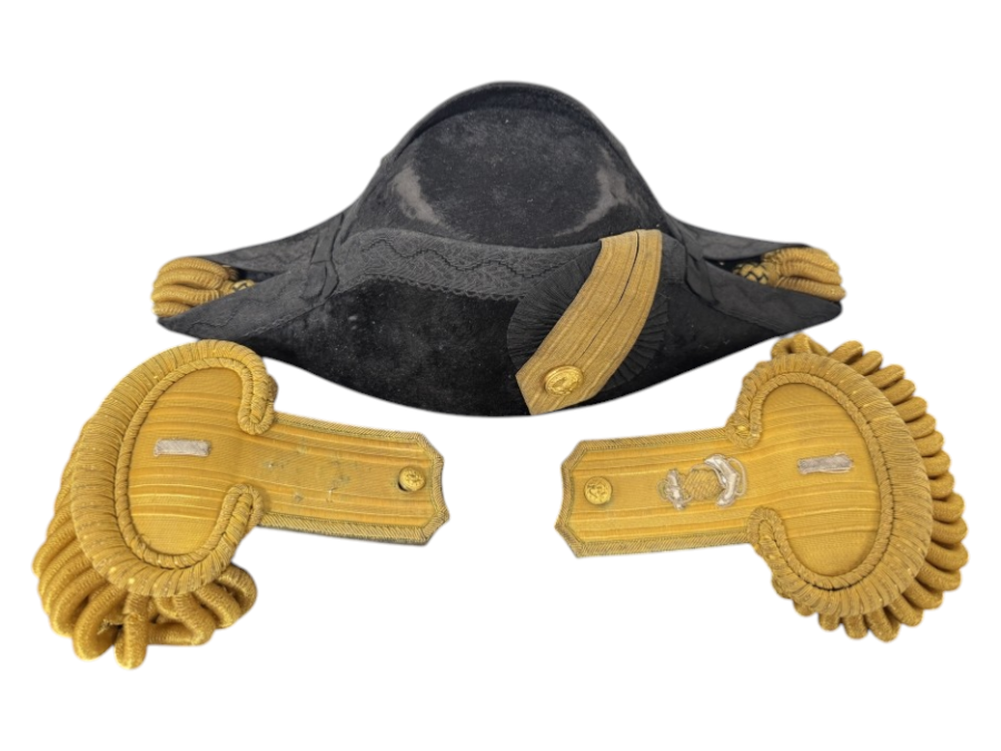 Just Added - US Navy Officer Bicorne Hat and Gold Epaulettes In Original Case