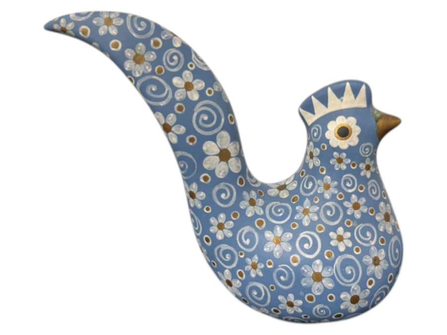Just Added - Vintage Hacienda Uxmal Mexican Folk Art Blue Ceramic Bird with Painted Flowers 9.5'H