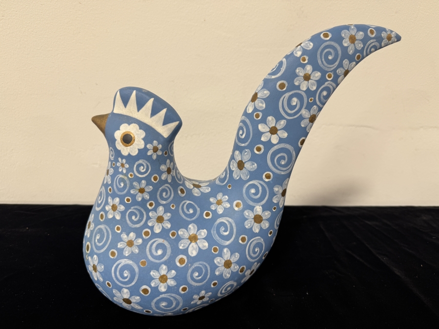 Just Added - Vintage Hacienda Uxmal Mexican Folk Art Blue Ceramic Bird with Painted Flowers 9.5'H [Photo 3]