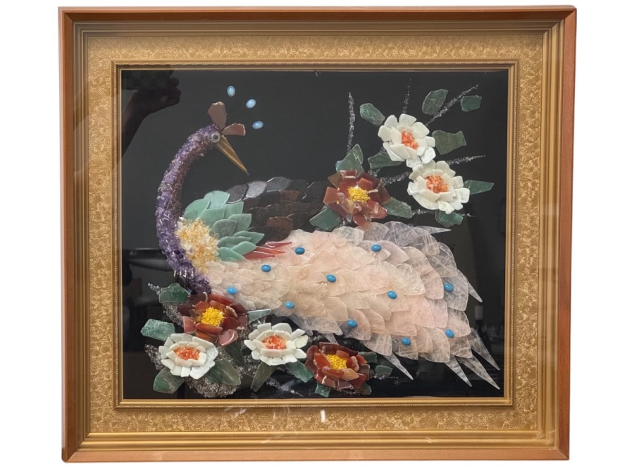 Just Added - Vintage Framed Gemstone Peacock Wall Art Crafted with Inlaid Gemstones Including Jade, Amethyst and Rose Quartz 20'W x 18'H Framed: 27'W x 24'H