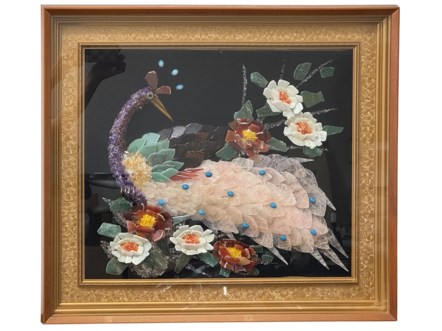 Just Added - Vintage Framed Gemstone Peacock Wall Art Crafted with Inlaid Gemstones Including Jade, Amethyst and Rose Quartz 20'W x 18'H Framed: 27'W x 24'H [Photo 7]
