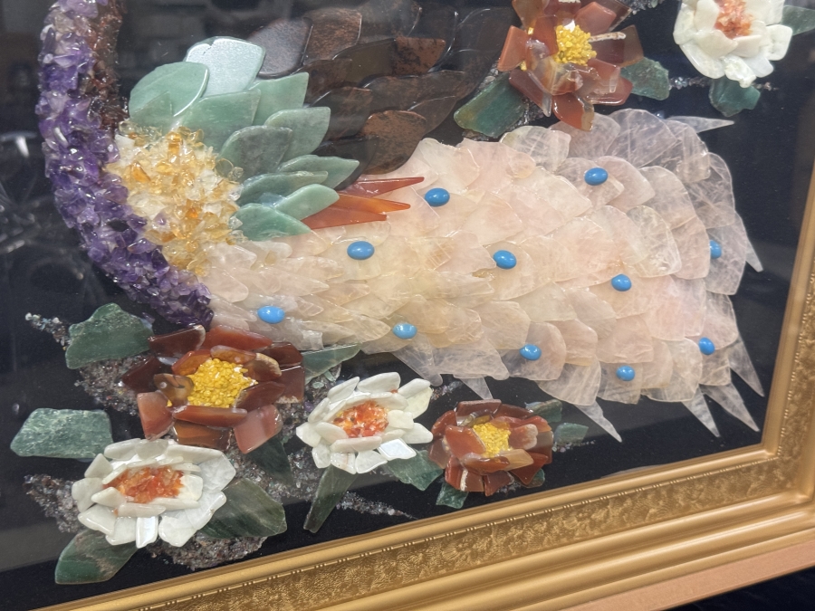 Just Added - Vintage Framed Gemstone Peacock Wall Art Crafted with Inlaid Gemstones Including Jade, Amethyst and Rose Quartz 20'W x 18'H Framed: 27'W x 24'H [Photo 5]