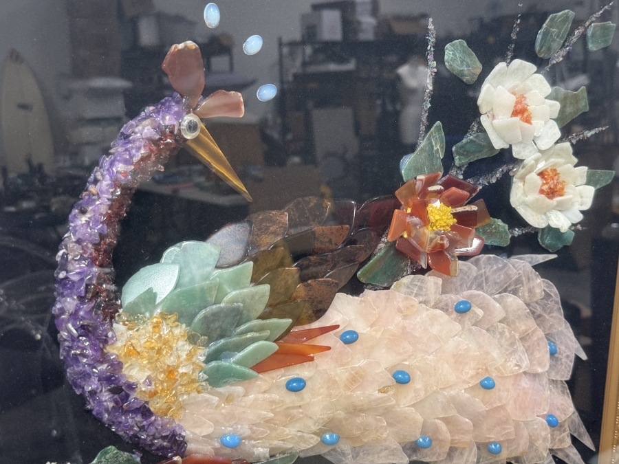 Just Added - Vintage Framed Gemstone Peacock Wall Art Crafted with Inlaid Gemstones Including Jade, Amethyst and Rose Quartz 20'W x 18'H Framed: 27'W x 24'H [Photo 4]