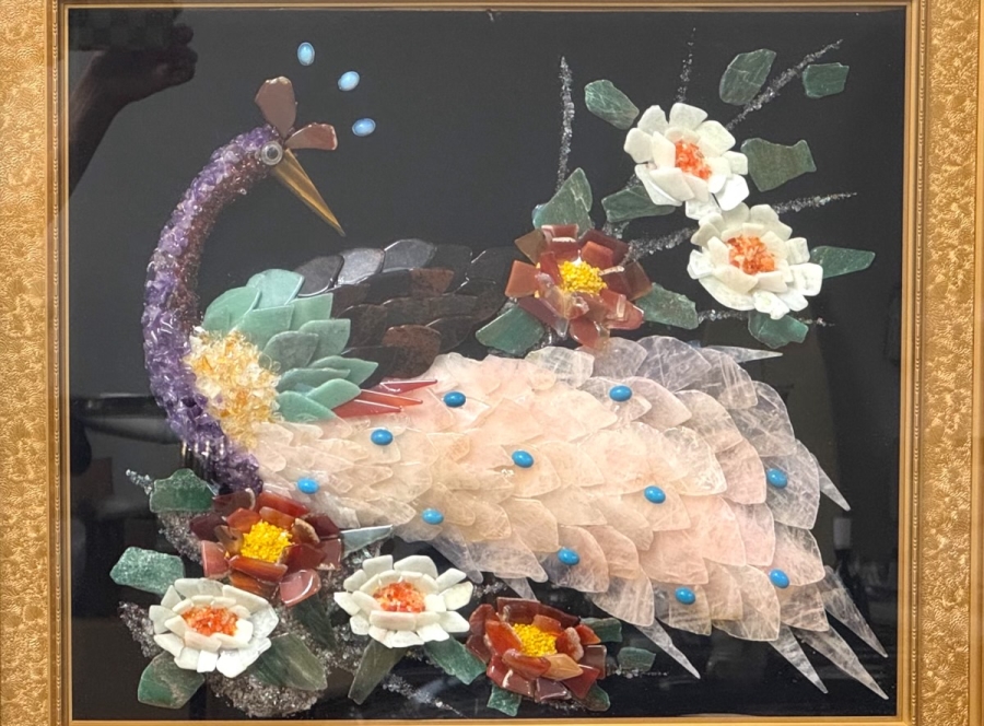 Just Added - Vintage Framed Gemstone Peacock Wall Art Crafted with Inlaid Gemstones Including Jade, Amethyst and Rose Quartz 20'W x 18'H Framed: 27'W x 24'H [Photo 2]
