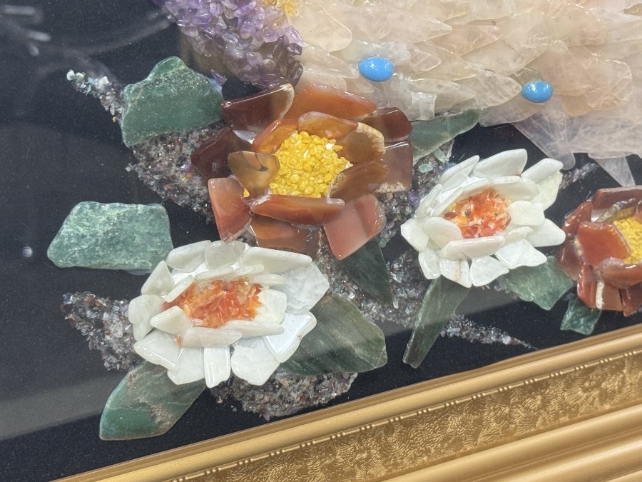 Just Added - Vintage Framed Gemstone Peacock Wall Art Crafted with Inlaid Gemstones Including Jade, Amethyst and Rose Quartz 20'W x 18'H Framed: 27'W x 24'H [Photo 3]