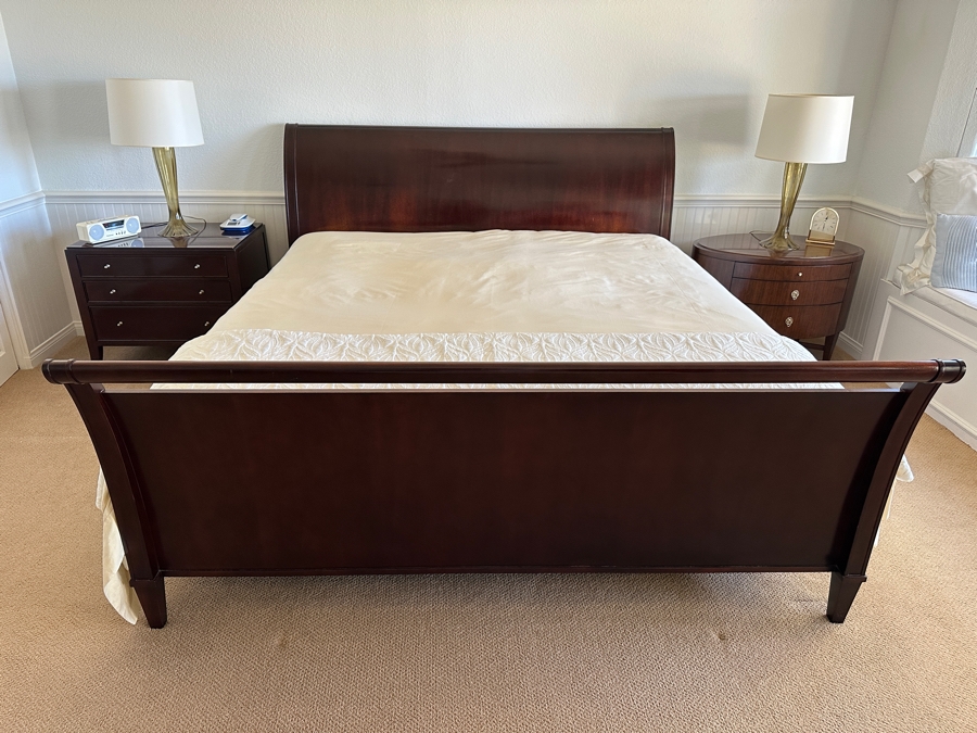 Just Added - The Barbara Barry Collection For Baker Furniture Modern Dark Mahogany Eastern King Size Sleigh Bed With The Ritz-Carlton Mattress By Stearns & Foster 76 X 79